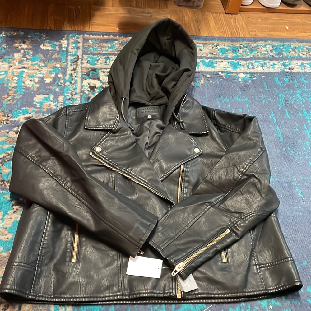Blank NYC jacket moto black faux leather hood silver zipper sz 2X, NWT - Picture 3 of 9